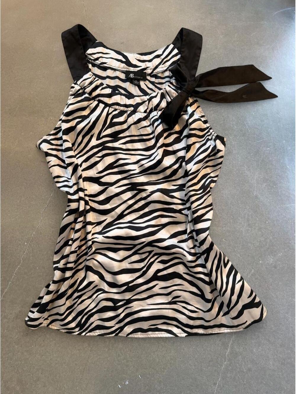 AB Studio Zebra Print Top | XL | Satin Tie Shoulder Blouse | Y2K